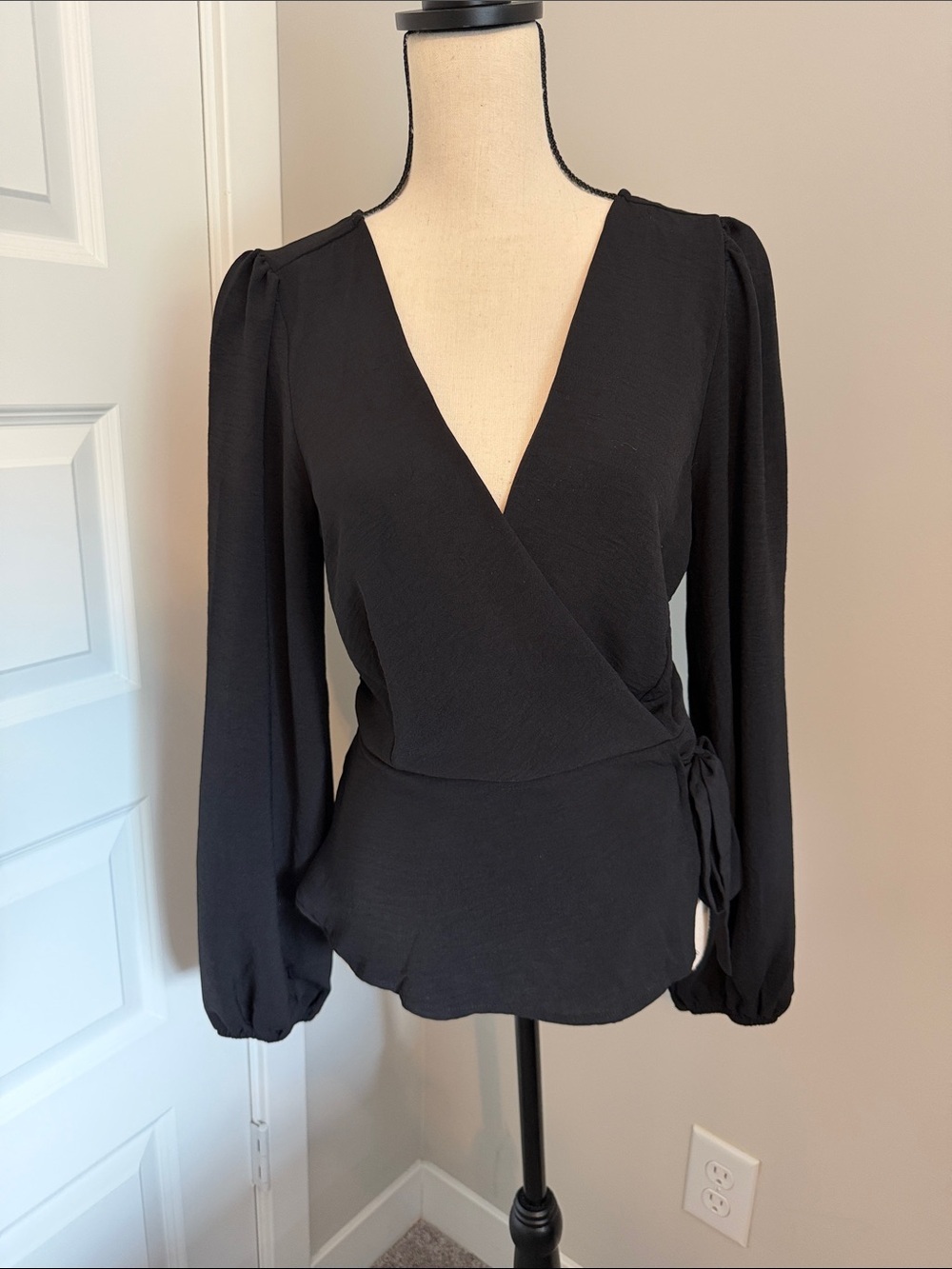 Black Wrap Blouse with Long Puff Sleeves